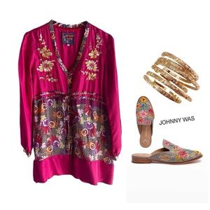 JOHNNY WAS PINK FLORAL EMBROIDERED LIGHTWEIGHT SILKY TUNIC TOP SZ S $295